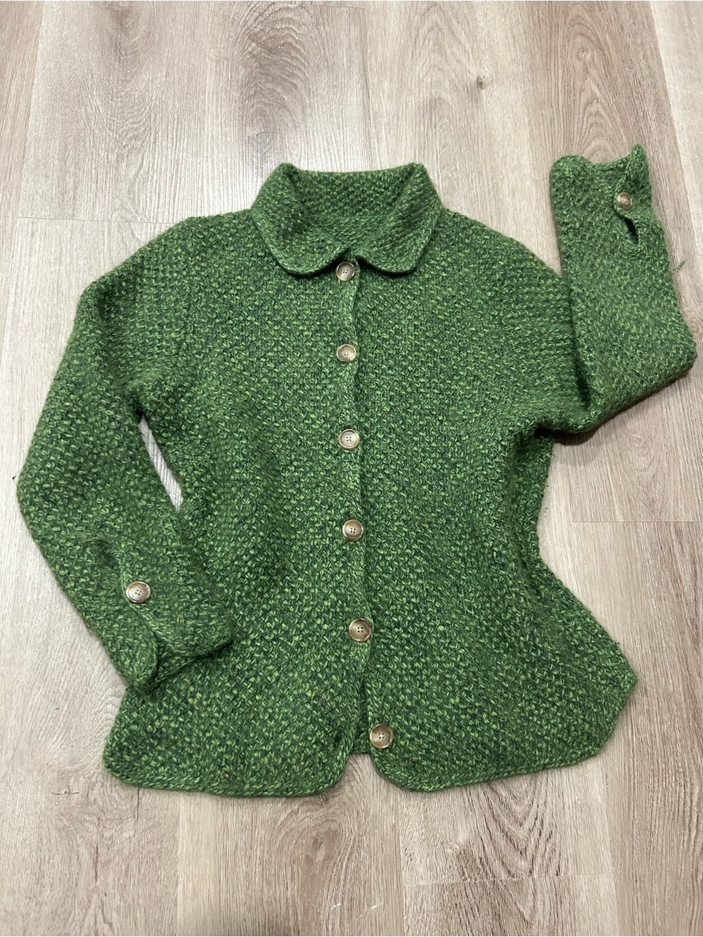 Green Knit/Crochet Sweater Top (Button-Up)
